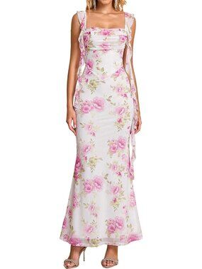 Women's Pink Floral Boat Neck Elegant Ruffle Bodycon Formal Cocktail Maxi Dress